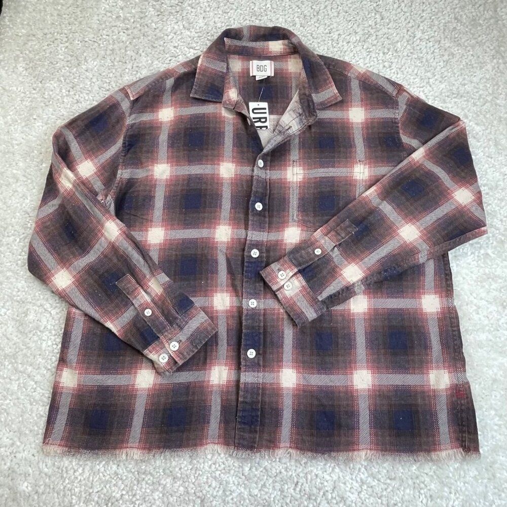 Urban Outfitters X BDG Flannel Plaid Button Up Long Sleeve Shirt Raw Distress